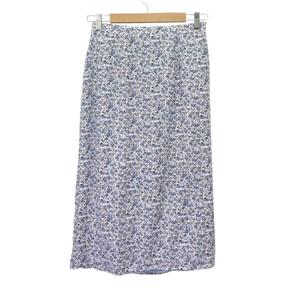 Abercrombie & Fitch Side Slit Midi Skirt Blue Floral Linen Blend Size Small - Picture 3 of 12